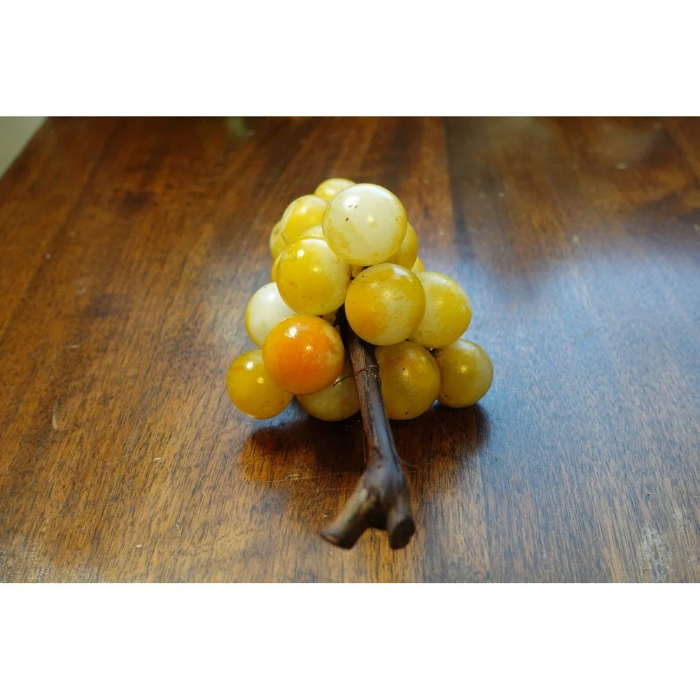 Vintage Yellow Alabaster Stone Grape Cluster Wood Stem Mid Century Modern Decor
